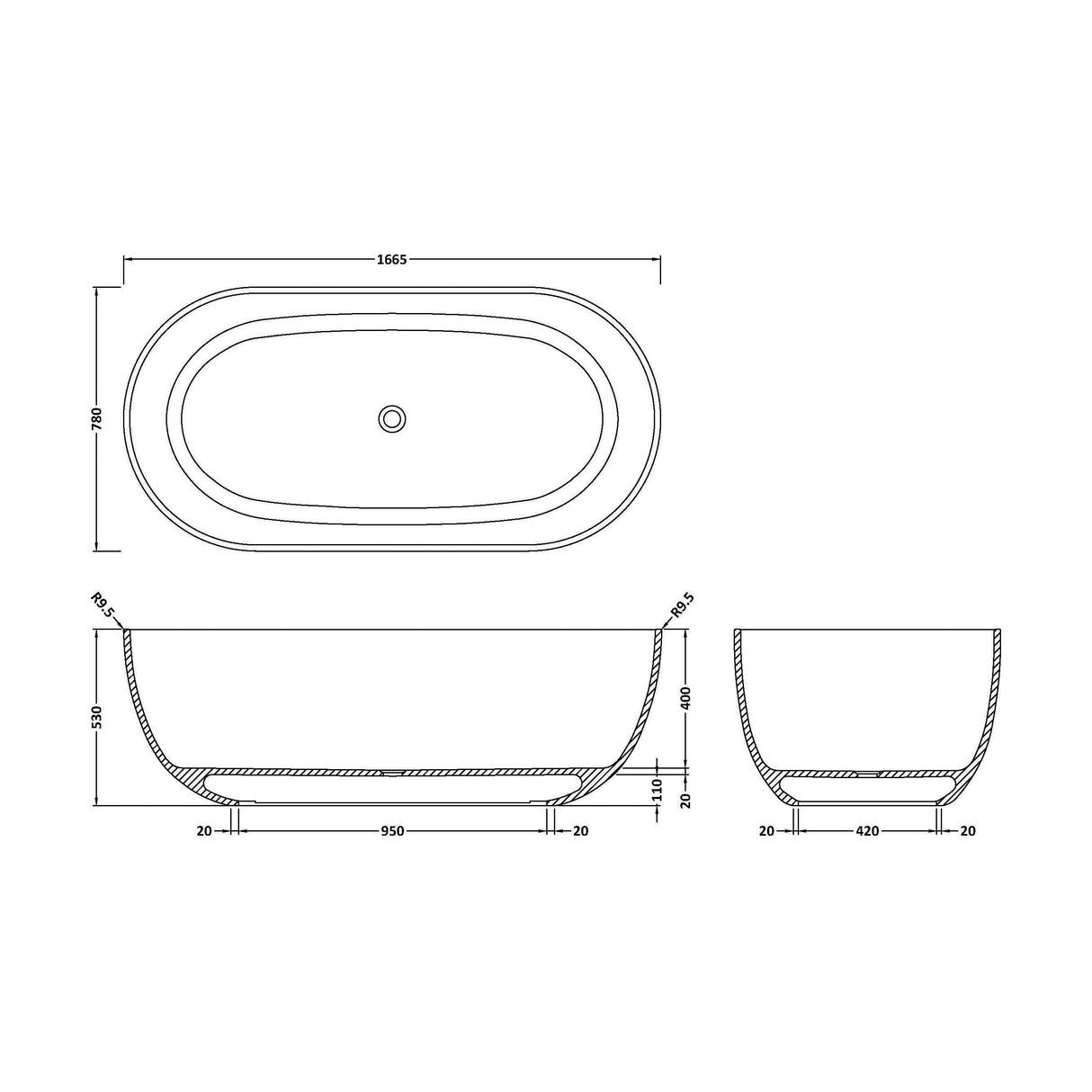 [BBB076] Balterley Tettenhall Freestanding Luxury Oval Double Ended Bath, 1665 x 780mm - Polished White - Technical Drawing