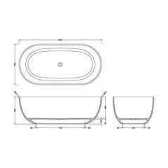[BBB076] Balterley Tettenhall Freestanding Luxury Oval Double Ended Bath, 1665 x 780mm - Polished White - Technical Drawing