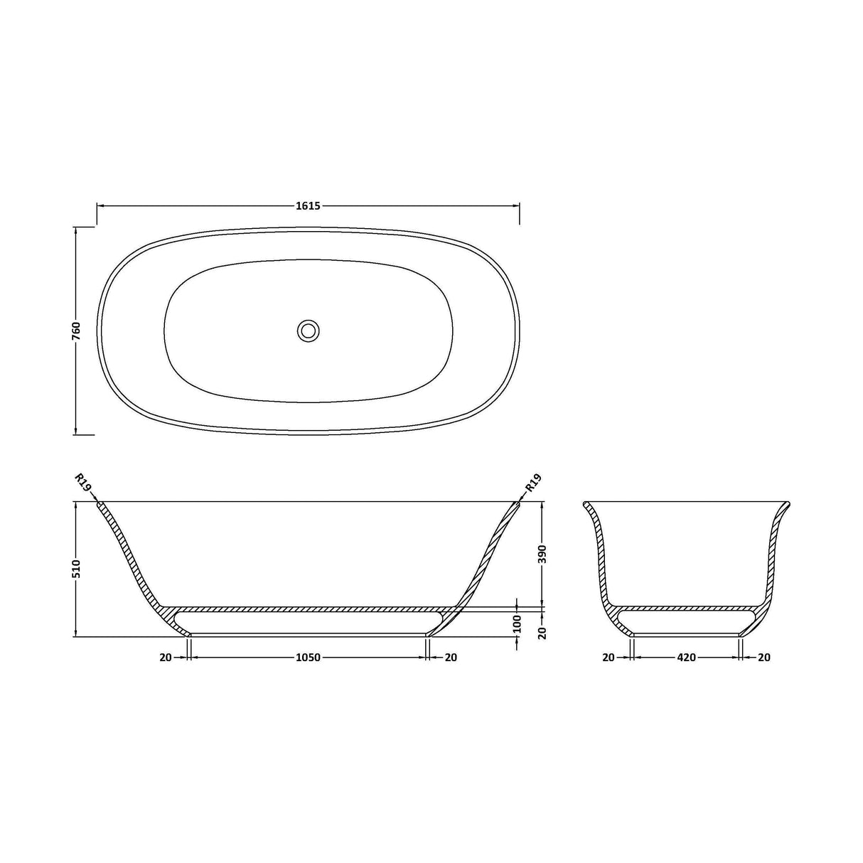 [BBB078] Balterley Sedgley Freestanding Luxury Oval Double Ended Bath, 1615 x 760mm - Polished White - Technical Drawing