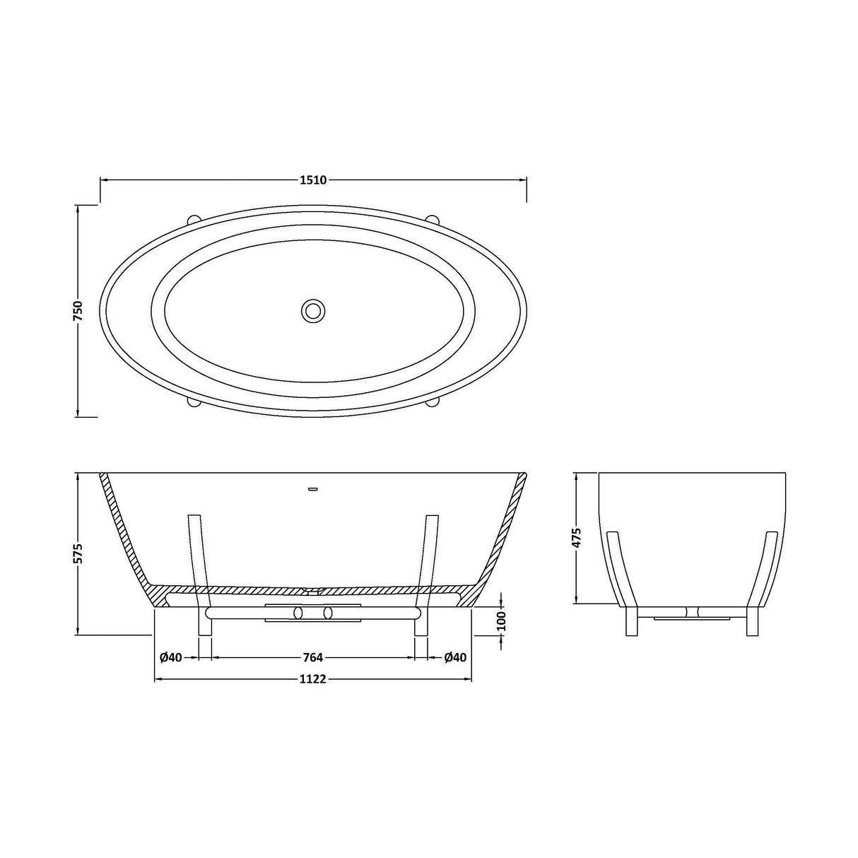 [BBB080] Balterley Swarbourn Freestanding Luxury Oval Double Ended Bath, 1510 x 760mm - Matt White - Technical Drawing