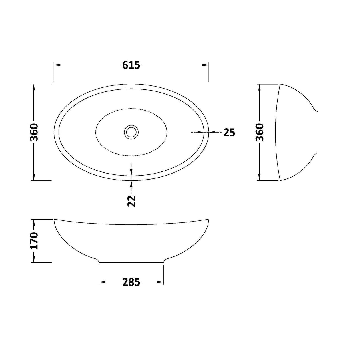 [BBB105] Balterley Gradbach Countertop Oval Basin, 615 x 360mm - Polished White - Technical Drawing