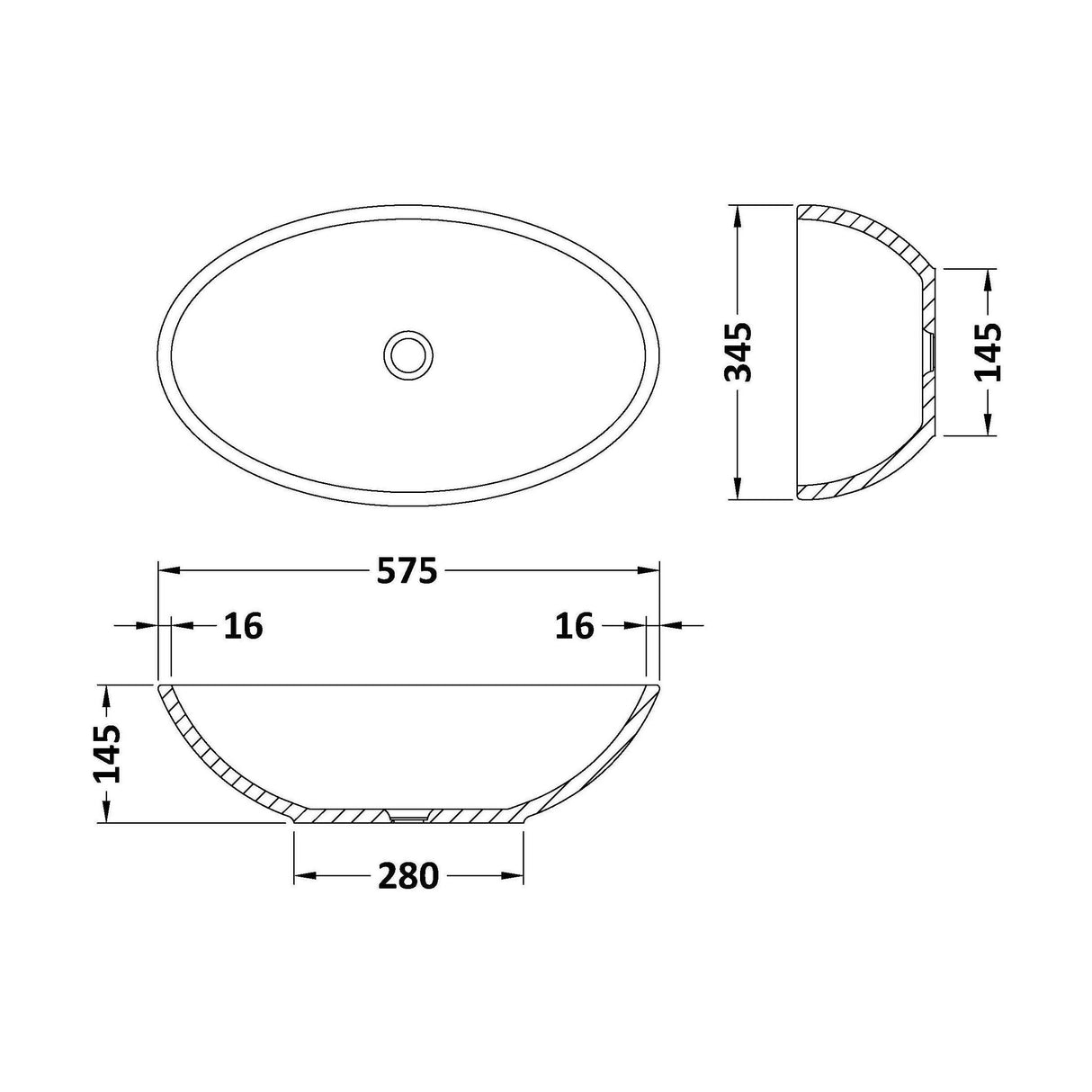 [BBB110] Balterley Castern/Rodsley Countertop Oval Basin, 575 x 145mm - Polished White - Technical Drawing