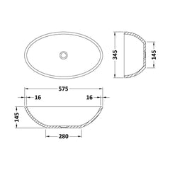 [BBB110] Balterley Castern/Rodsley Countertop Oval Basin, 575 x 145mm - Polished White - Technical Drawing