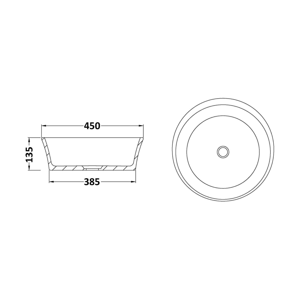 [BBB120] Balterley Doveridge Countertop Round Basin, 450 x 450mm - Polished White - Technical Drawing