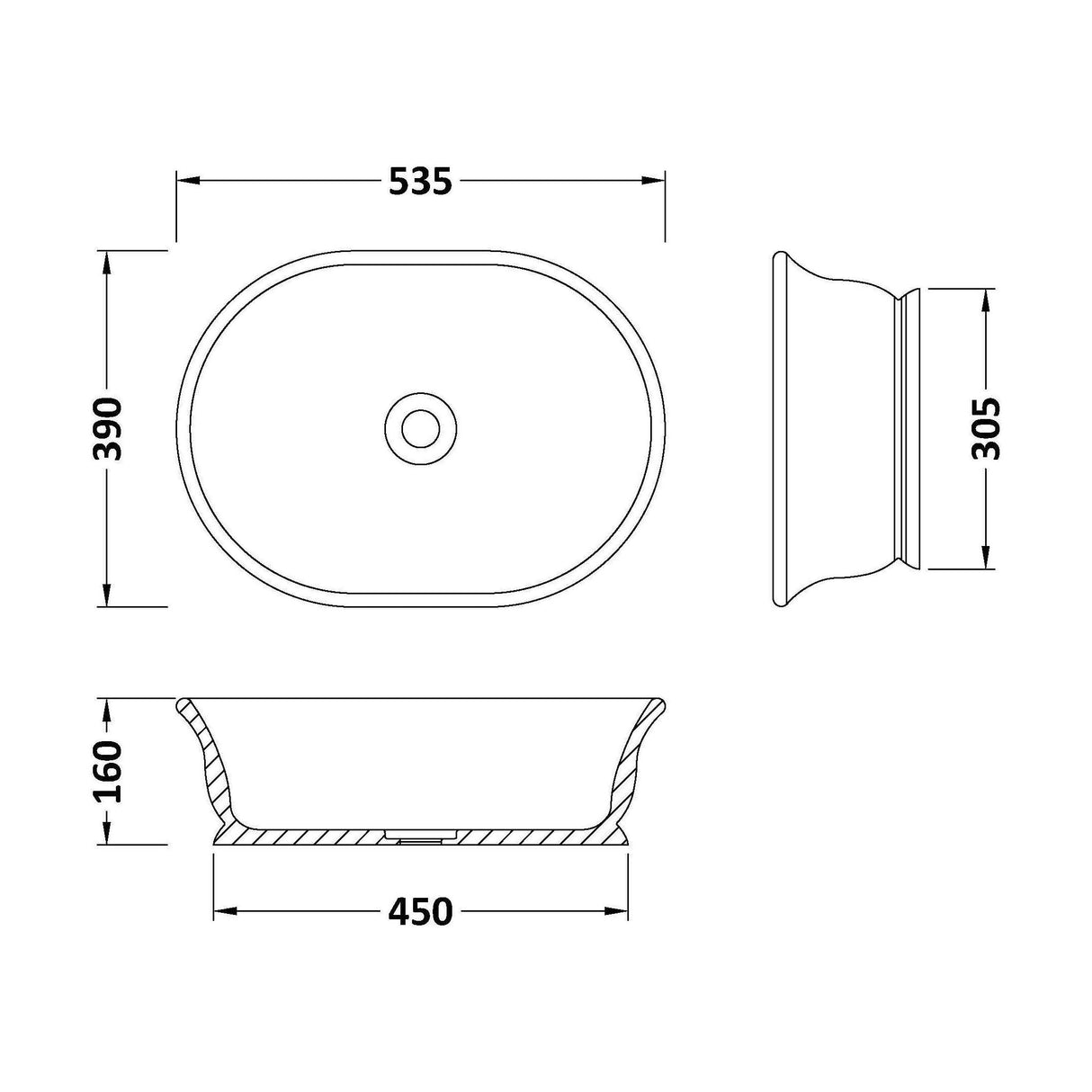 [BBB130] Balterley Congreave/Wyrley Countertop Oval Basin, 535 x 390mm - Polished White - Technical Drawing