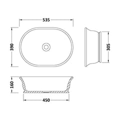 [BBB130] Balterley Congreave/Wyrley Countertop Oval Basin, 535 x 390mm - Polished White - Technical Drawing