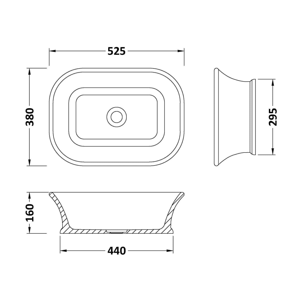 [BBB135] Balterley Goldsitch/Stallington Countertop Rectangular Basin, 525 x 380mm - Polished White - Technical Drawing