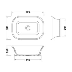 [BBB135] Balterley Goldsitch/Stallington Countertop Rectangular Basin, 525 x 380mm - Polished White - Technical Drawing