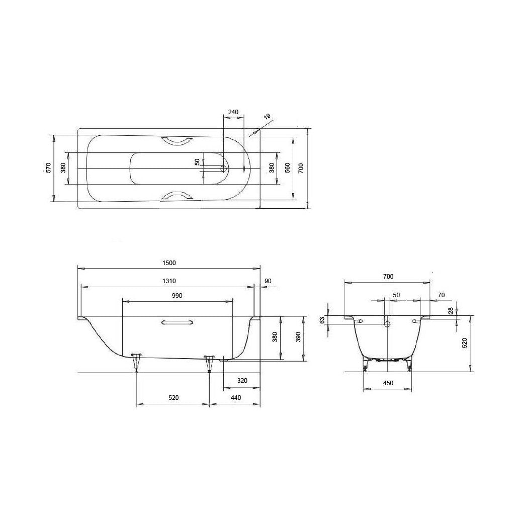 [BBB1500] Modern Single Ended Steel Bath, 1500 x 700 x 390mm, White - Technical Drawing