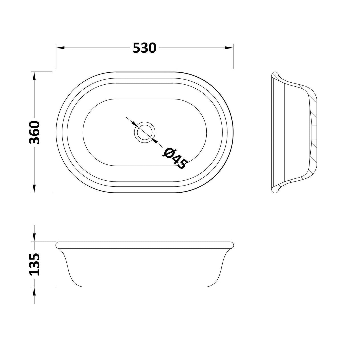 [BBB160] Balterley Sedgley Countertop Oval Basin, 530 x 360mm - Polished White - Technical Drawing