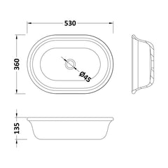 [BBB160] Balterley Sedgley Countertop Oval Basin, 530 x 360mm - Polished White - Technical Drawing