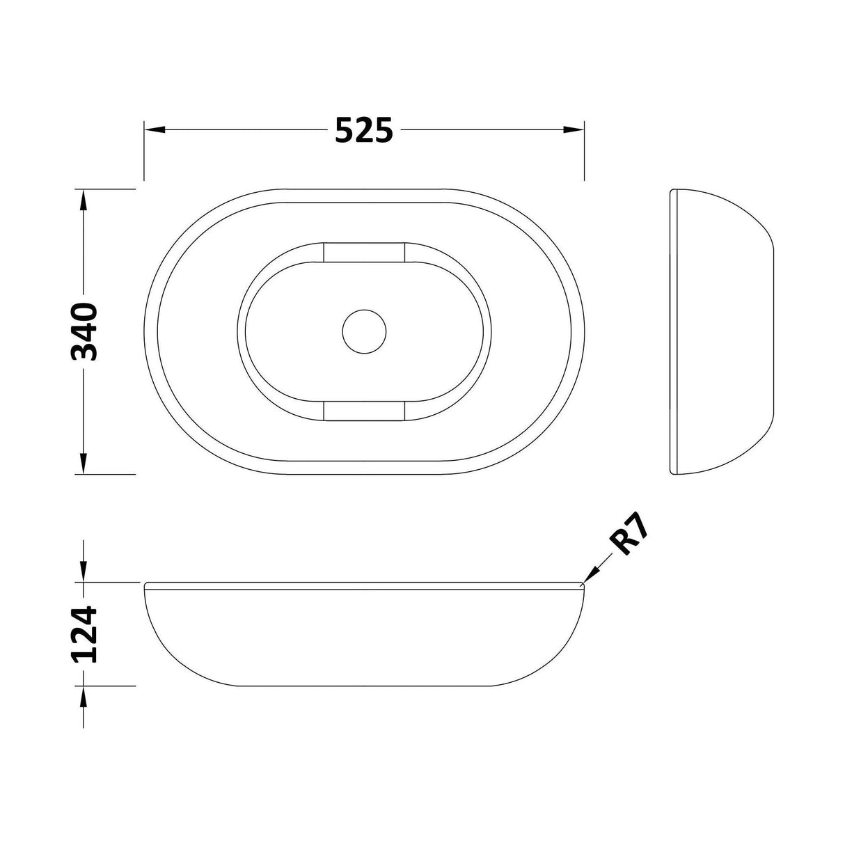 [BBB162] Balterley Tettenhall Countertop Oval Basin, 525 x 340mm - Polished White - Technical Drawing
