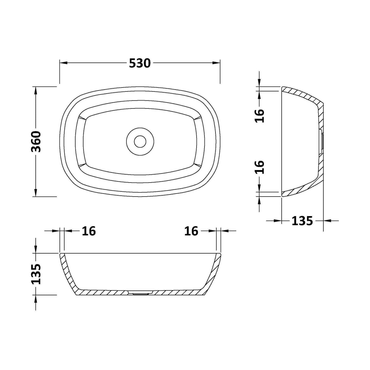 [BBB164] Balterley Radbourne Countertop Oval Basin, 530 x 360mm - Polished White - Technical Drawing