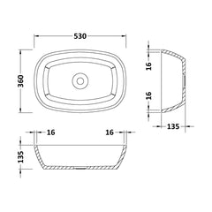 [BBB164] Balterley Radbourne Countertop Oval Basin, 530 x 360mm - Polished White - Technical Drawing