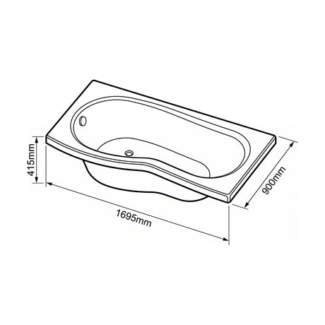 [BBB17PL] Modern B Shaped Right Hand Shower Bath & Panel, 1695 x 900 x 415mm - Technical Drawing