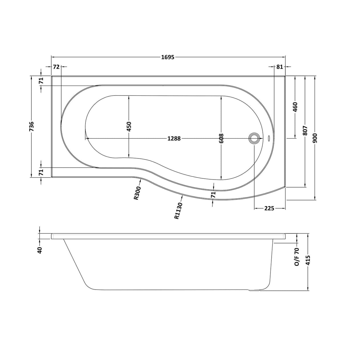 [BBBB102] 1700 B shaped shower bath R/H - Technical Drawing