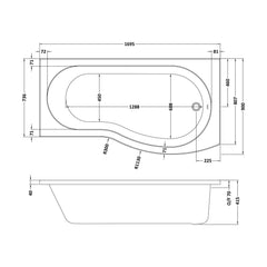 [BBBB102] 1700 B shaped shower bath R/H - Technical Drawing