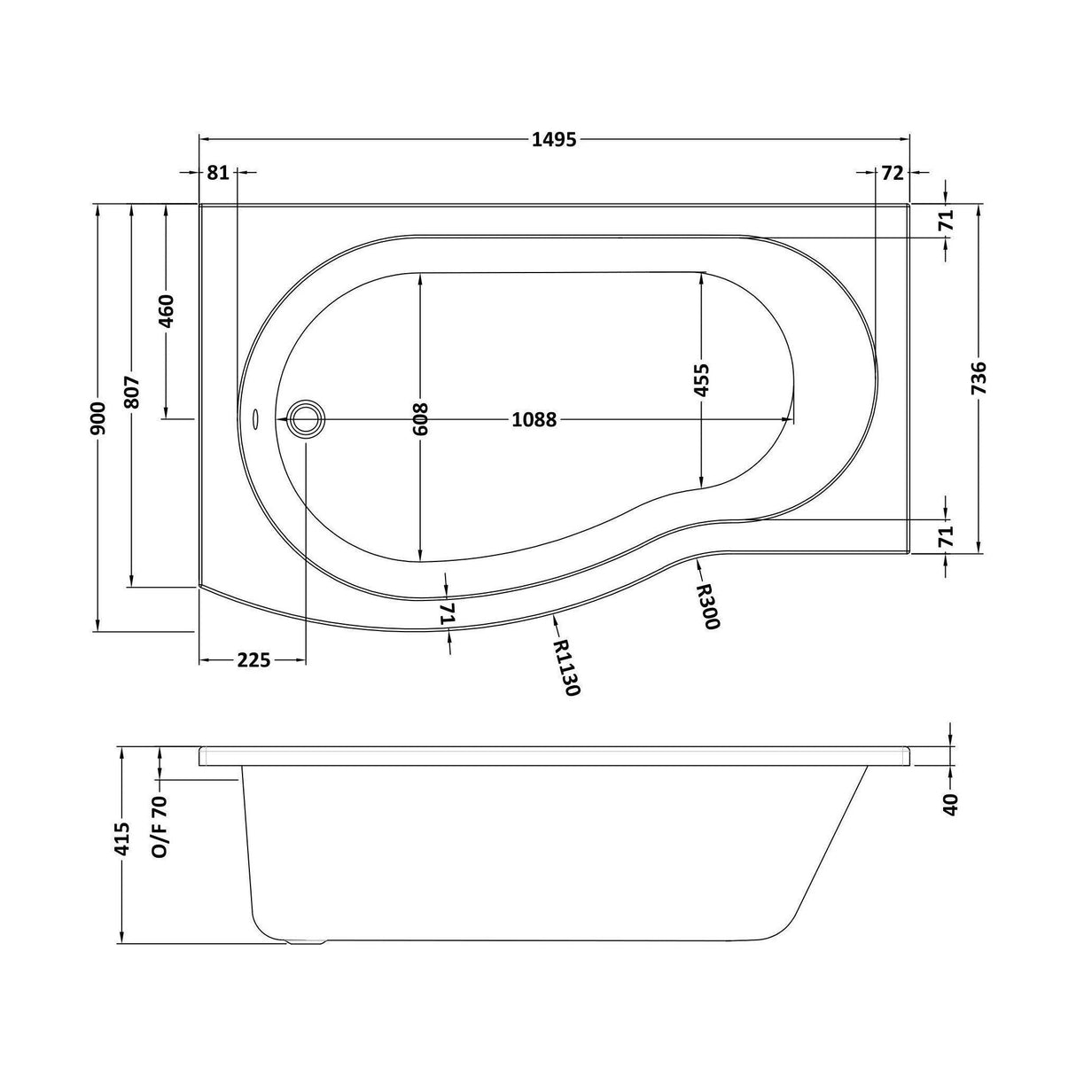 [BBBB103] 1500mm B shaped shower bath LH - Technical Drawing