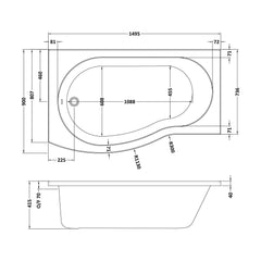 [BBBB103] 1500mm B shaped shower bath LH - Technical Drawing