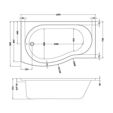 [BBBB103] 1500mm B shaped shower bath LH - Technical Drawing