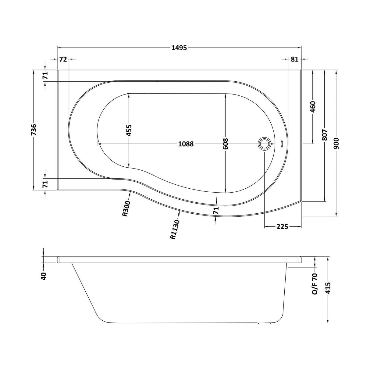 [BBBB104] 1500mm B shaped shower bath RH - Technical Drawing