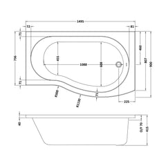 [BBBB104] 1500mm B shaped shower bath RH - Technical Drawing