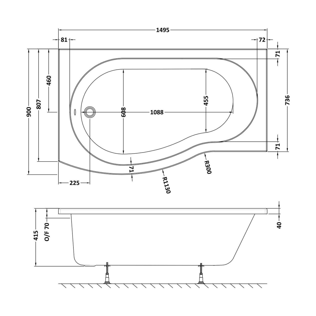 [BBBB1585L] Balterley Modern B Shape Right Hand Shower Bath Tub with Leg Set, 1500mm - White - Technical Drawing