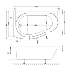[BBBB1585L] Balterley Modern B Shape Right Hand Shower Bath Tub with Leg Set, 1500mm - White - Technical Drawing