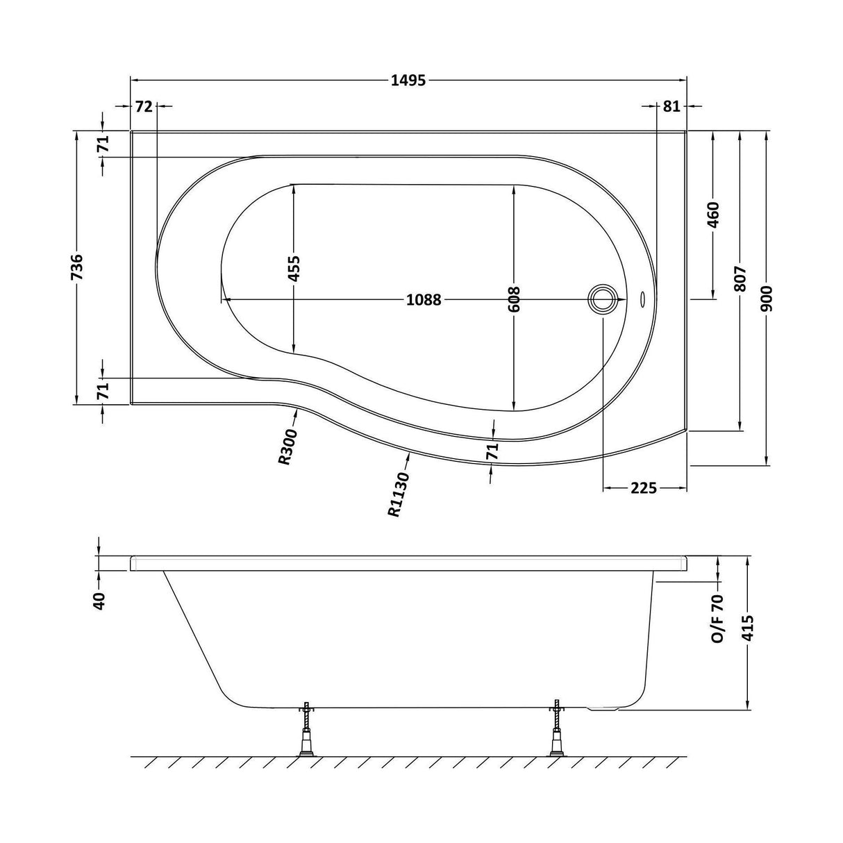 [BBBB1585R] Balterley Modern B Shape Right Hand Shower Bath Tub with Leg Set, 1500mm - White - Technical Drawing