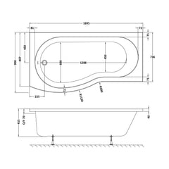 [BBBB1785L] Balterley Modern B Shape Right Hand Shower Bath Tub with Leg Set, 1500mm - White - Technical Drawing
