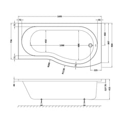 [BBBB1785R] Balterley Modern B Shape Right Hand Shower Bath Tub with Leg Set, 1500mm - White - Technical Drawing