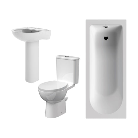 [BBBZ001] 1700mm Bathroom Suite with Round Single Ended Bath Tub, Front Panel, 1 Tap Hole Basin and Pedestal - Toilet and Seat, Gloss White - Cutout