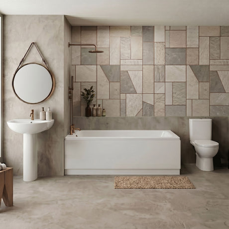 [BBBZ001] 1700mm Bathroom Suite with Round Single Ended Bath Tub, Front Panel, 1 Tap Hole Basin and Pedestal - Toilet and Seat, Gloss White - Silo
