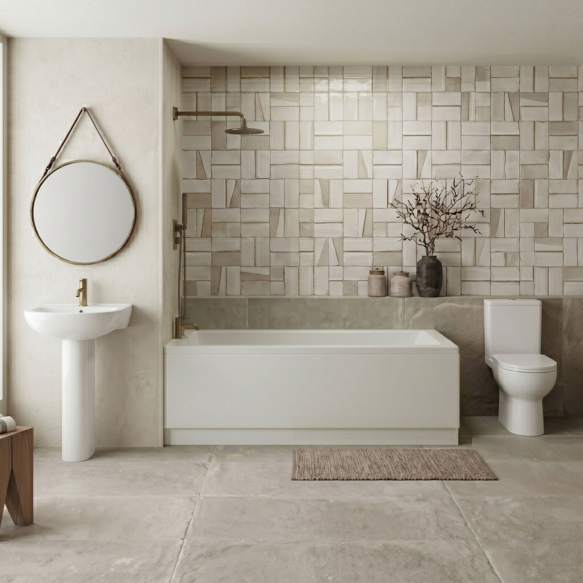[BBBZ002] 1700mm Bathroom Suite with Square Single Ended Bath Tub, Front Panel, 1 Tap Hole Basin and Pedestal - Toilet and Seat, Gloss White - Silo