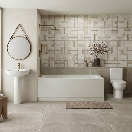 [BBBZ002] 1700mm Bathroom Suite with Square Single Ended Bath Tub, Front Panel, 1 Tap Hole Basin and Pedestal - Toilet and Seat, Gloss White - Silo