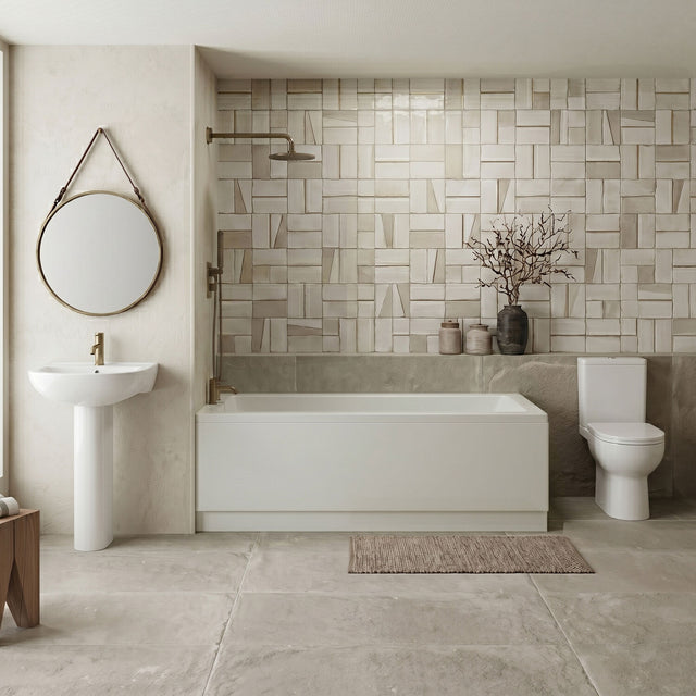 [BBBZ002] 1700mm Bathroom Suite with Square Single Ended Bath Tub, Front Panel, 1 Tap Hole Basin and Pedestal - Toilet and Seat, Gloss White - Silo