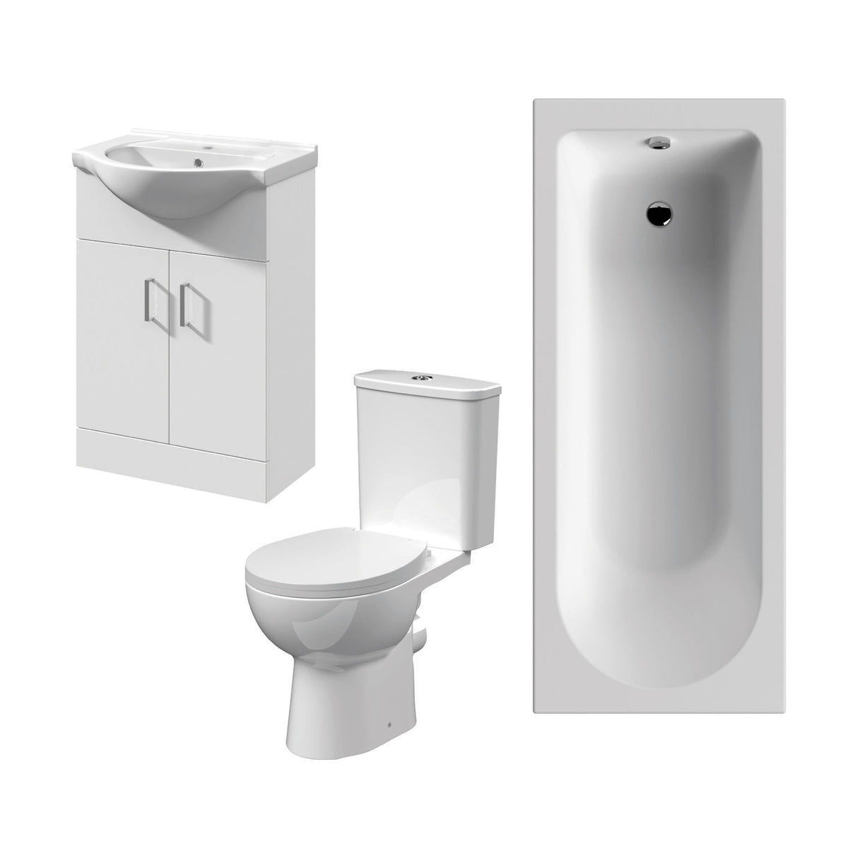 [BBBZ003] 1700mm Bathroom Suite with Round Single Ended Bath Tub, Front Panel, 550mm Vanity Basin Unit and Toilet and Seat - Gloss White - Cutout