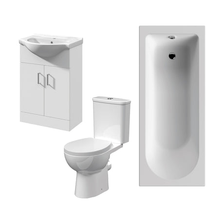 [BBBZ003] 1700mm Bathroom Suite with Round Single Ended Bath Tub, Front Panel, 550mm Vanity Basin Unit and Toilet and Seat - Gloss White - Cutout