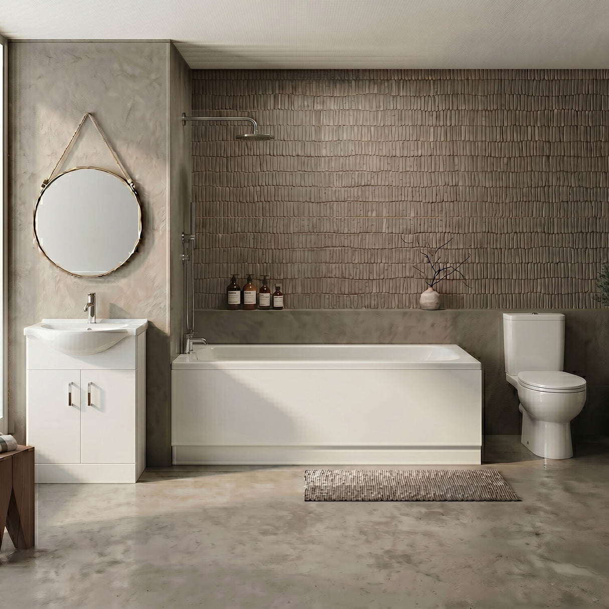 [BBBZ003] 1700mm Bathroom Suite with Round Single Ended Bath Tub, Front Panel, 550mm Vanity Basin Unit and Toilet and Seat - Gloss White - Silo