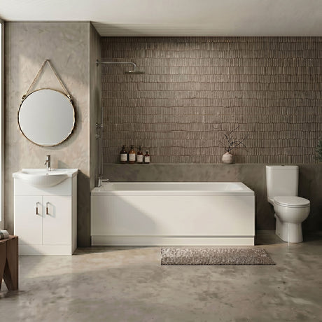 [BBBZ003] 1700mm Bathroom Suite with Round Single Ended Bath Tub, Front Panel, 550mm Vanity Basin Unit and Toilet and Seat - Gloss White - Silo