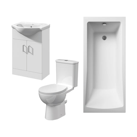 [BBBZ004] 1700mm Bathroom Suite with Square Single Ended Bath Tub, Front Panel, 550mm Vanity Basin Unit and Toilet and Seat - Gloss White - Cutout
