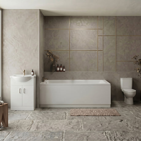[BBBZ004] 1700mm Bathroom Suite with Square Single Ended Bath Tub, Front Panel, 550mm Vanity Basin Unit and Toilet and Seat - Gloss White - Silo