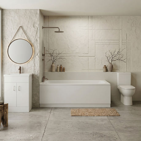 [BBBZ005] 1700mm Bathroom Suite with Round Single Ended Bath Tub, Front Panel, 500mm Vanity Basin Unit and Toilet and Seat - Gloss White - Silo