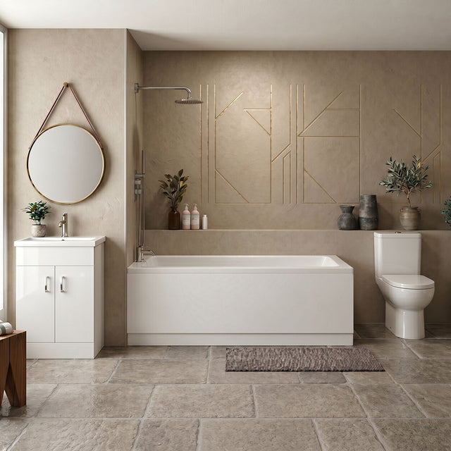 [BBBZ006] 1700mm Bathroom Suite with Square Single Ended Bath Tub, Front Panel, 500mm Vanity Basin Unit and Toilet and Seat - Gloss White - Silo