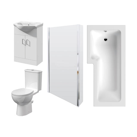 [BBBZ007] 1700mm Bathroom Suite - L Shape Shower Bath, Front Panel, Shower Bath Screen, Vanity Basin Unit and Toilet and Seat, Gloss White - Cutout