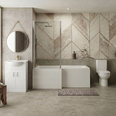 [BBBZ007] 1700mm Bathroom Suite - L Shape Shower Bath, Front Panel, Shower Bath Screen, Vanity Basin Unit and Toilet and Seat, Gloss White - Silo