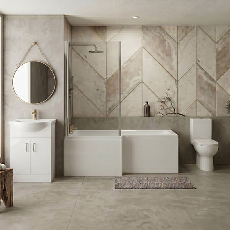 [BBBZ007] 1700mm Bathroom Suite - L Shape Shower Bath, Front Panel, Shower Bath Screen, Vanity Basin Unit and Toilet and Seat, Gloss White - Silo