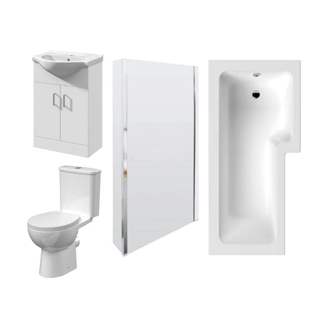 [BBBZ008] 1700mm Bathroom Suite - L Shape Shower Bath, Front Panel, Shower Bath Screen, Vanity Basin Unit and Toilet and Seat - Gloss White - Cutout