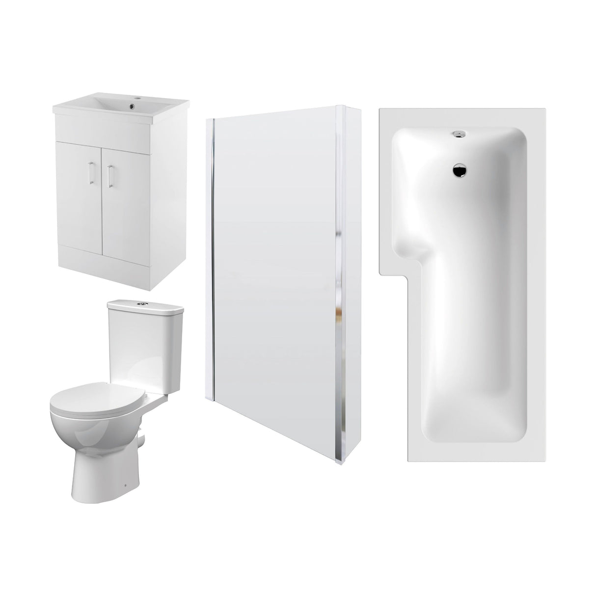 [BBBZ009] 1700mm Bathroom Suite - L Shape Shower Bath, Front Panel, Shower Bath Screen, Vanity Basin Unit and Toilet with Seat - Gloss White - Cutout