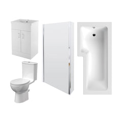 [BBBZ009] 1700mm Bathroom Suite - L Shape Shower Bath, Front Panel, Shower Bath Screen, Vanity Basin Unit and Toilet with Seat - Gloss White - Cutout